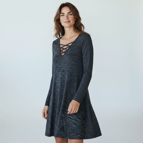 Iz Byer Knit Dress M Gray Crisscross V-Neck Trapeze Swing Y2K Soft Whimsigoth - Picture 1 of 13
